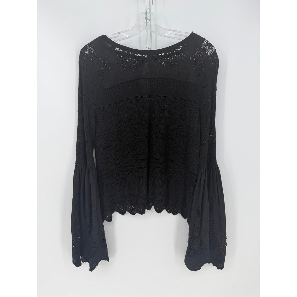 Free People Once Upon A Time Crochet Knit Bell Sleeve S Black Linen Blend Boho